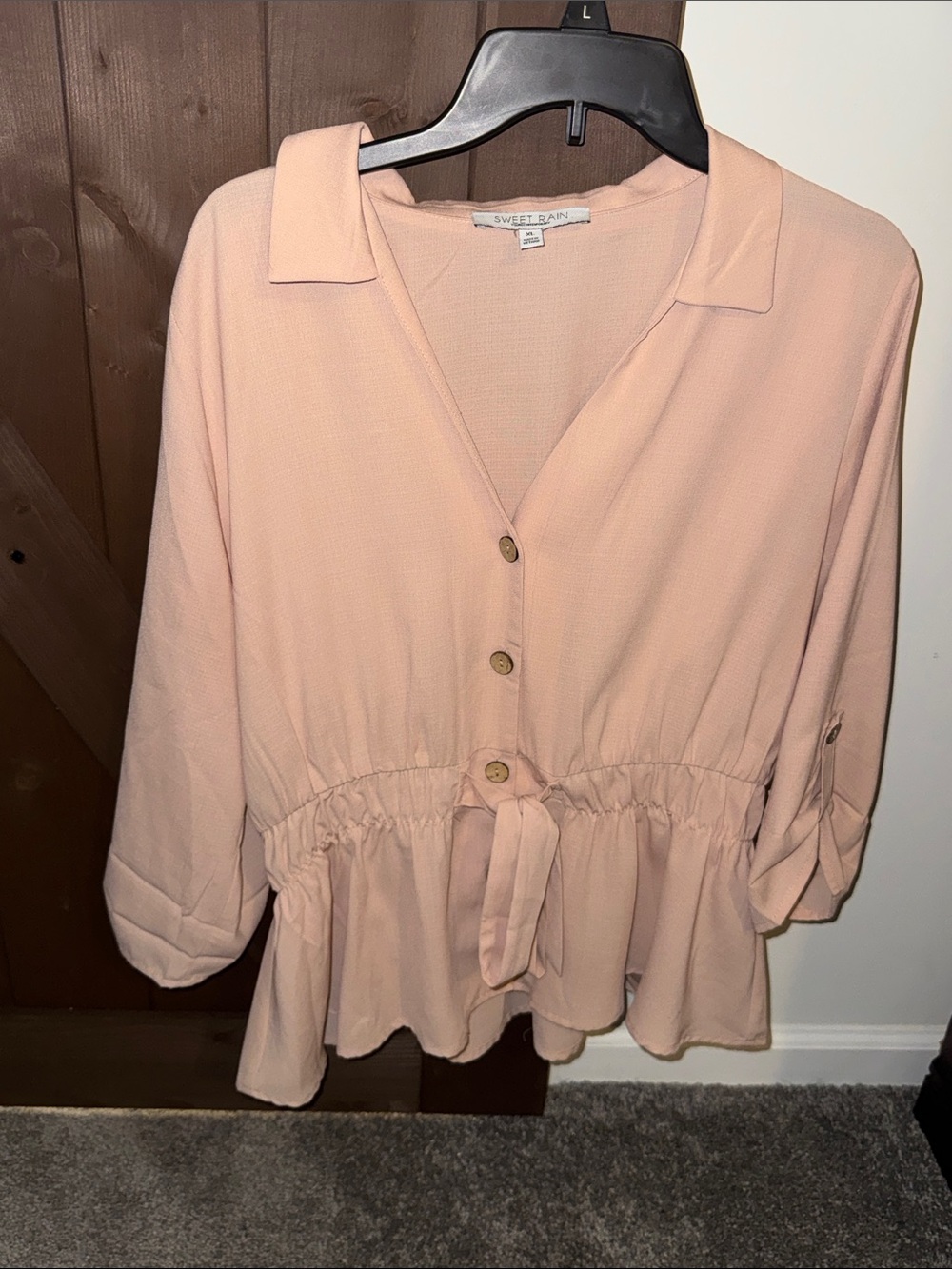 Sweet Rain Blush Drawstring Peplum Button-Up Blouse